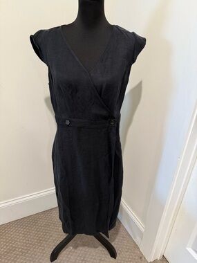 J. Crew NWT Black Cap-Sleeve Black Linen Wrap Midi Dress Sz.8